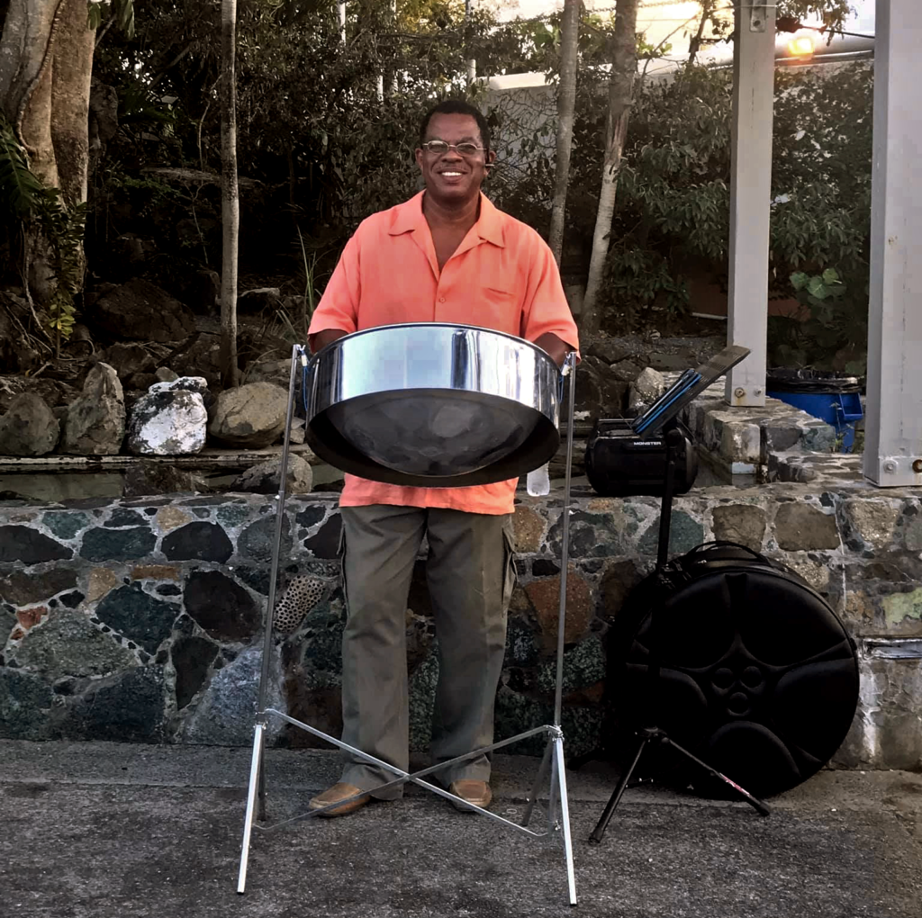 Robert Leonard playing steel pan at a wedding at Coral World St. Thomas USVI